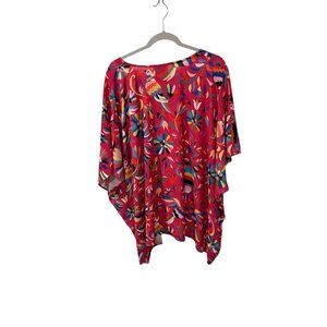 Judith March Womens Pink Multicolor Boho Floral Parrot Print Poncho Blouse M